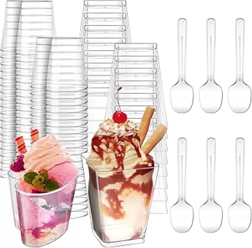 Funtery 300 Pack Mini Dessert Cups with Spoons Bulk Clear Plastic Slanted Round Parfait Appetizer Cup for Desserts Shooters(5oz, Square, Heart)