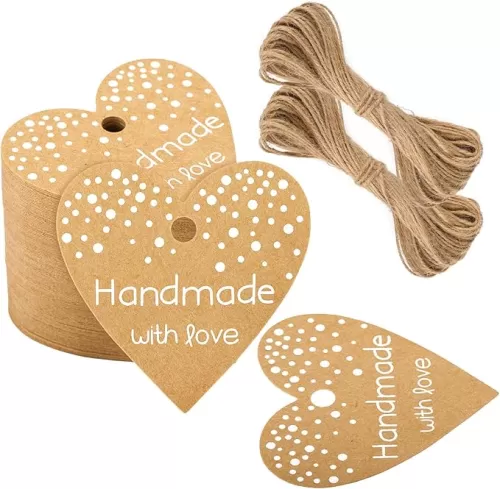 G2PLUS Heart Gift Tags, 100PCS Handmade with Love Tags, 2 in Kraft Paper Gift Tag with String for Present Wrapping, DIY Arts & Crafts, Wedding, Birthday Party Favors