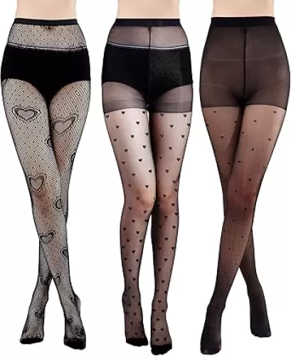 Geyoga 3 Pcs Heart Fishnet Tights Stretch Polka Dot Tights High Waist Heart Pantyhose Valentine Patterned Stockings