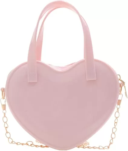Girls Novelty Heart-Shaped Purse Chain Purse Zipper Closure Tote Handbag Shoulder Crossbody Bags Travel Wallet (Pink)