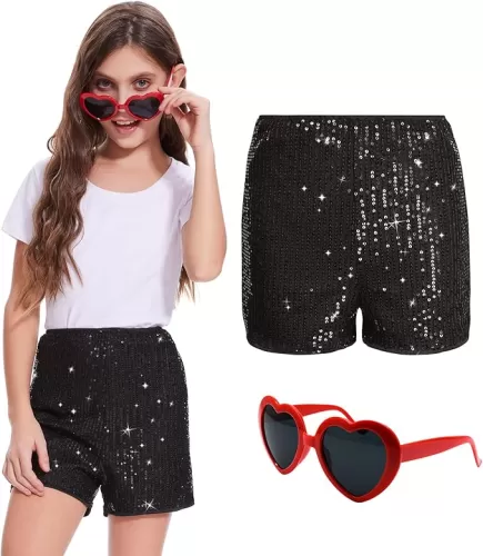 Girls Sequin Shorts and Heart Sunglasses High Waisted Elastic Short Pants for Party Music Festival Concert