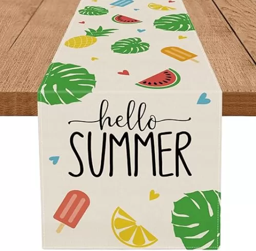 GPGHE Hello Summer Table Runner Popsicle Fruits Leaves Love Heart Table Runners Seasonal Kitchen Dining Table Decoration for Home Party Banquet Decor 13x60 Inch