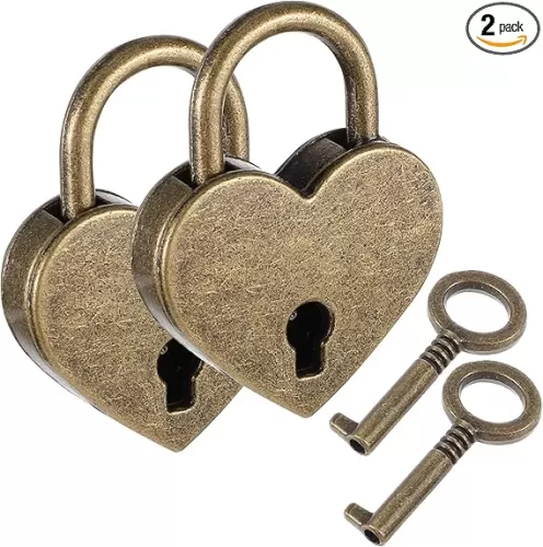 Grevosea 2 Pcs Mini Antique Padlock, Heart Shaped Padlock with Key Vintage Bronze Metal Lock for Jewelry Box Diary Book Handbag Storage Box Suitcase Decorative Lock