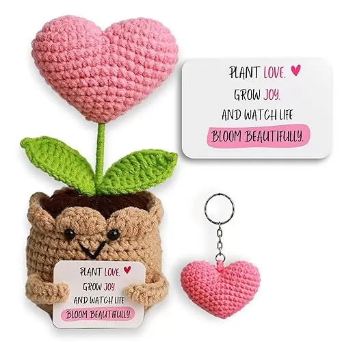 Hand-Crochet Heart Flower Doll (6.3" x 3.2") – Funny Positive Crochet Gift, Emotional Support Stuffed Animal, Inspirational Keepsake for Valentine’s, Anniversaries, Birthdays (Plan Love Grow Joy)