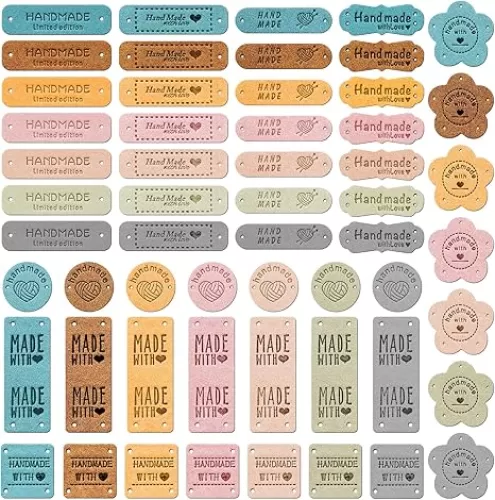 Handmade Leather Labels, 56 pcs Handmade Leather Labels for Crochet, Microfiber Colorful Leather Labels with Love Hearts for Handmade Items Embossed Sew on Tag Crochet Knit DIY Jeans Bags Shoes Hat
