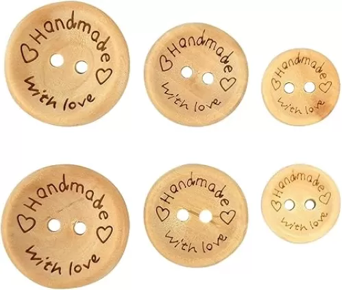 Handmade with Love Buttons - 150 Pcs Round Wooden Craft Decor Buttons, 2 Holes for 15mm/20mm/25mm Sewing