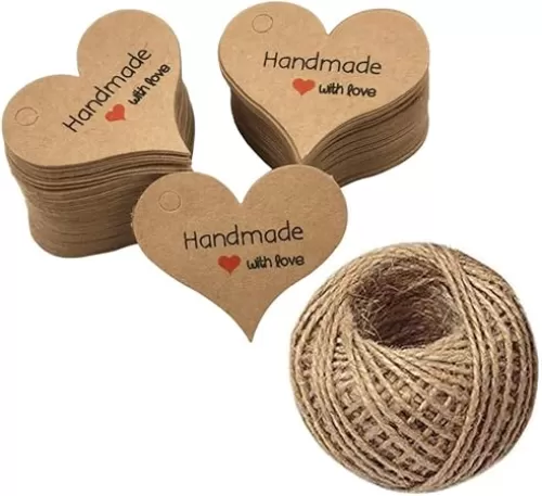 Handmade with Love Mini Gift Paper Tags, 200 pcs Heart-Shaped Brown Gift Labels with 99 ft Natural Jute Twin, Kindness for Gift Wrap, Wedding Favors by Hubhnb
