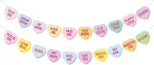 Happy Valentines Day Banner and Red Pink Glittery Heart Garland Banner Valentines Day Decorations Conversation Candy Hearts Banner, 20 Valentines Day Heart Sayings Pre-Strung Garland Decorations