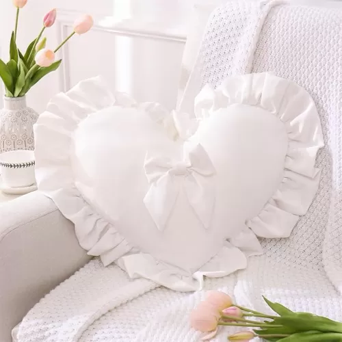 Heart Pillows, White Bow Ruffle Love Heart Shaped Throw Pillows Decorative Pillow Cushion for Sofa Bed Living Room Home Decor Wedding Gifts Pillows, 19.6"×15.7"