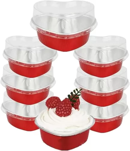 Heart Shaped Foil Baking Cups, 50pcs 100ml 4oz Mini Aluminum Foil Cups with Lids Disposable Aluminum Cupcake Baking Cups for Pudding, Muffins, Cheesecake, Souffle, etc. (Red)