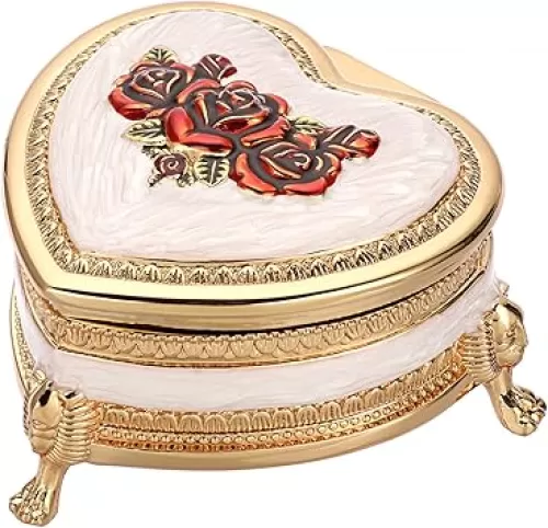 Hipiwe Vintage Metal Jewelry Box Heart Shape Trinket Box with Flower Carved Gold Treasure Chest Case Antique Necklace Ring Organizer Storage Box Keepsake Box Christmas Gift Red