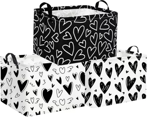 HIYAGON Rectangular Heart Basket Kids Storage Basket Baby Nursery Box Heart Room Decor Cute Toy Storage Bins(3 Black Heart)