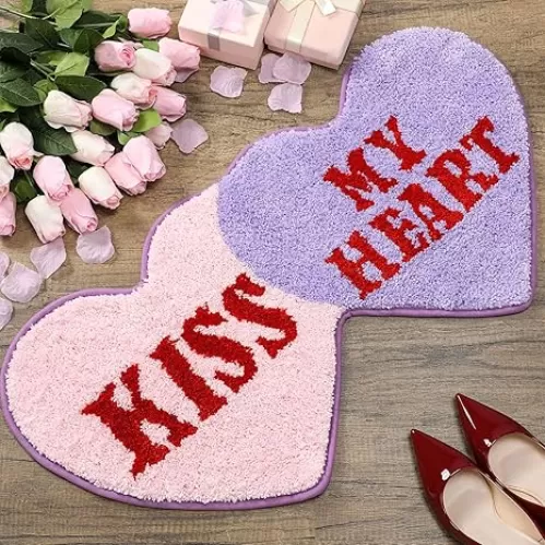 Hoolerry Valentine‘s Day Heart Rug Double Heart Shaped Rug Decor Non Slip Bathroom Doormat Love Shag Shower Mat Bedroom Living Room Entrance Welcome Floor Decor 15.75 x 31.5 in(Pink and Purple)