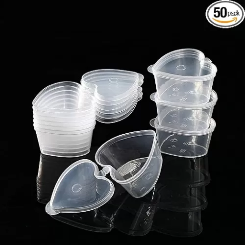 ICYANG 50 Sets 1.5 Ounce Plastic Jello Shot Cups Portion Cups Souffle Condiment Sampling Cup with Lid, Clear, Heart Shaped, Reusable for Valentine