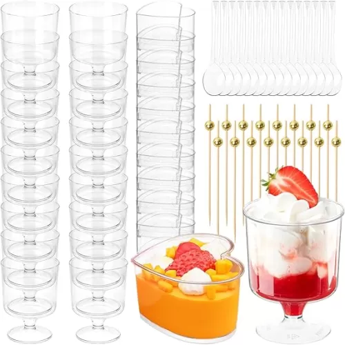 JIURUN 140Pcs Dessert Cups with Spoons, 5oz Mini Clear Appetizer Parfait Cups and Heart Plastic Dessert Cups with Cocktail Picks for Fruit Ice Cream Cake Party Birthday Party Events Supplies