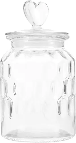 Kichvoe Clear Glass Sealed Canister Small Glass Candy Jar Food Storage Container with Heart Shaped Handle Lid for Candy Buffet Loose Tea Grain 950ml