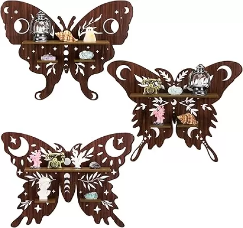 Kigley 3 Pcs Luna Moth Crystal Shelf Display Boho Wood Wall Floating Shelves Butterfly Heart Crystal Shelf Moon Decor for Gem Stone Essential Oil Storage Witchy Home Rustic Decor (Butterfly)