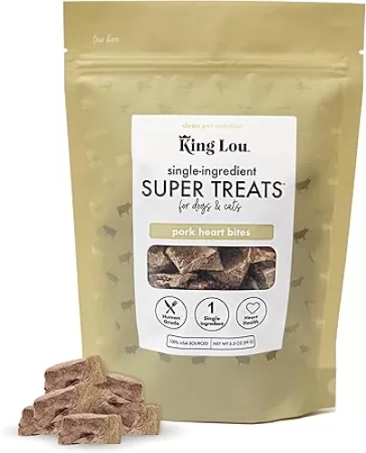 King Lou Pets - Pork Heart Bites for Dogs and Cats - USA-Made Freeze Dried Treats - Taurine, Zinc, and Iron - 1 lb Prior to Freeze-Drying