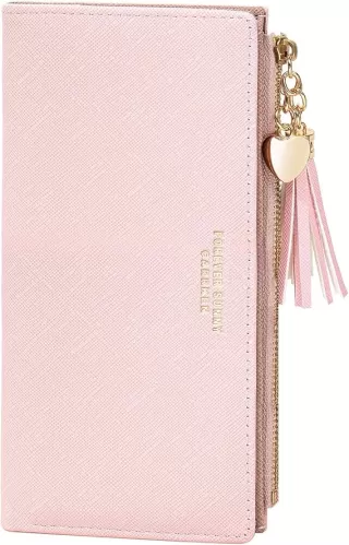 KOTORA Womens Slim Wallet Girls Thin Wallets Pretty Mini Long Card Holder Small Tiny Clutch Zip Purse Love Pendant Tassels Billfold (Pink)