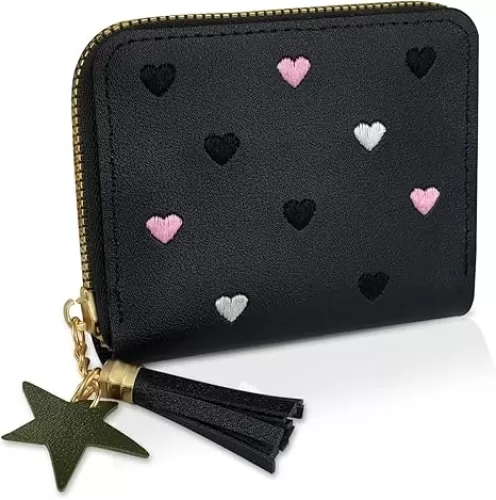 Ladies Purse Wallet, PU Leather Purse Lady Credit Card Holder with Star Pendant, Solid Color Wallet (black)