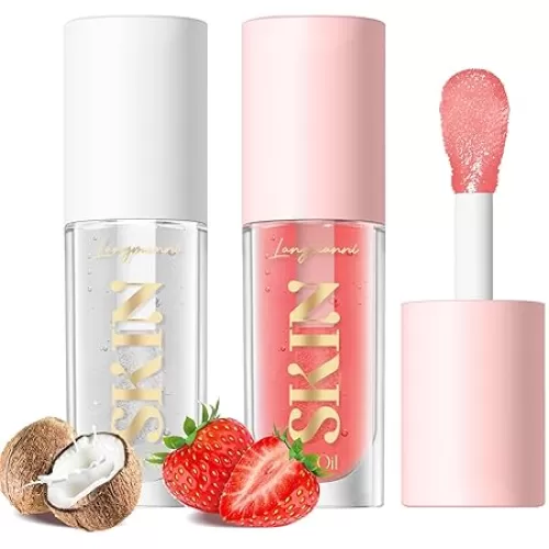 LANGMANNI Lip Oil, No-Sticky Gloss Lip Balm Lip Care, Fruit Flavoured Lip Oil For Dry Lip's Moisturizing Hydrating And Nourishing (Strawberry+Coco)