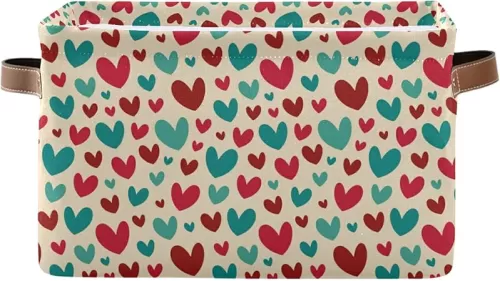 Large Storage Basket Vintage Teal Red Cute Hearts Foldable Storage Box Organizer Bins with Handles for Bedroom Home Office