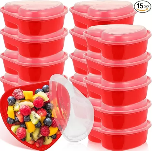 Layhit 15 Pcs Red Heart Containers Red Plastic Food Storage Containers with Lids 28 oz Heart Shaped Disposable Dessert Lunch Box for Kitchen Restaurant Fruit Vegetable