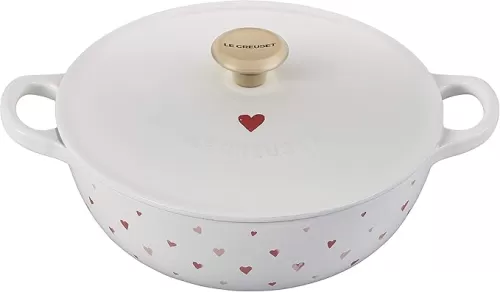 Le Creuset L'Amour Enameled Cast Iron Soup Pot, 2.75 Quarts, White with Heart Applique & Light Gold Knob