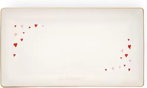 Le Creuset L'Amour Stoneware Rectangular Hostess Tray, 11.25" x 6.25", White with Heart Applique