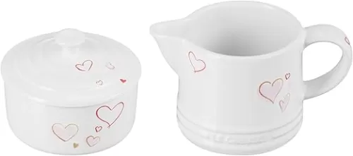 Le Creuset Mon Coeur Collection Stoneware Signature Cream And Sugar Set, White with Hearts