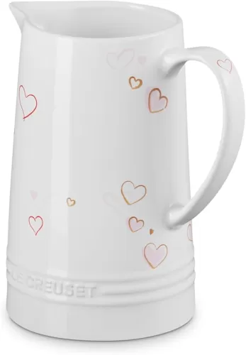 Le Creuset Mon Coeur Collection Stoneware Signature Pitcher, 1.6 Qt., White with Hearts