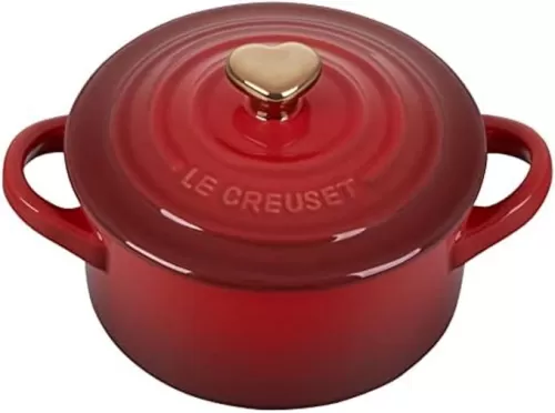 Le Creuset Stoneware Mini Round Cocotte, 8oz., Cerise with Gold Heart Knob