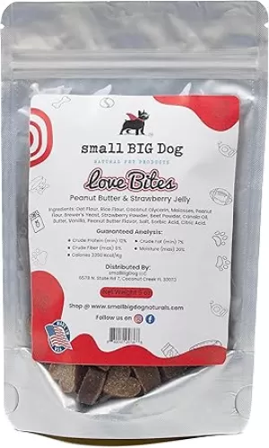 Love Bites Treats, All-Natural, Peanut Butter and Strawberry Hearts, 100% Natural Ingredients, 5oz, Wheat Free, Great for Training
