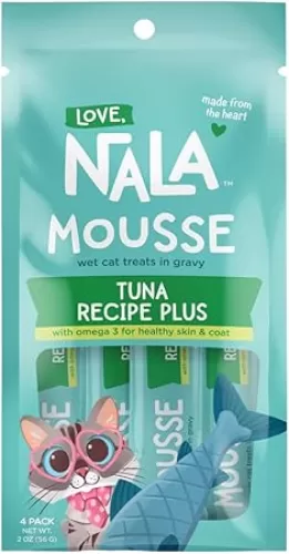 Love, NALA Tuna + Omega-3 Mousse Cat Treats – Brain & Heart Health Support – Lickable Squeeze-Up Puree, Topper or Treat – Grain-Free, 4 Pack – Human-Grade Protein, Non-GMO, No Artificial Additives