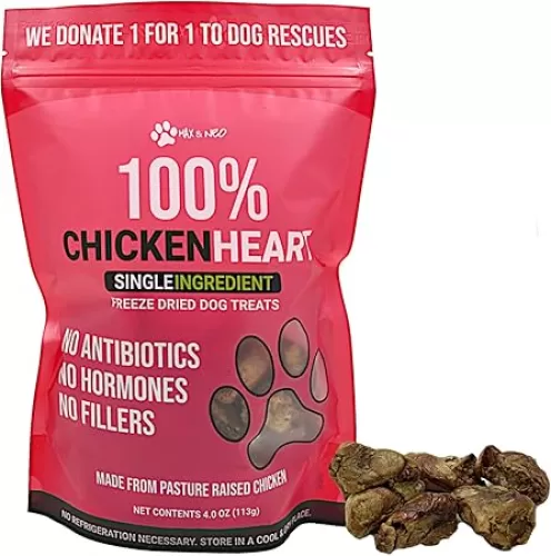 Max and Neo Freeze Dried Chicken Heart Treats -Single Ingredient, Pasture Raised, Antibiotic Free, Human Grade Chicken Grown in The USA - We Donate 1 for 1 to Dog Rescues for Every Product Sold
