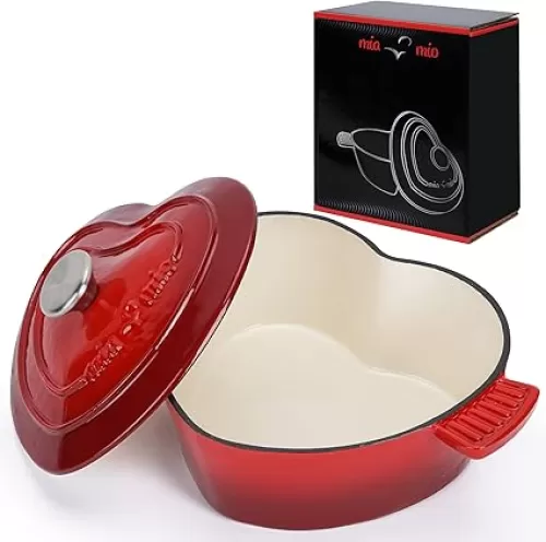 MIAMIO - Enameled Cast Iron Dutch Oven (3.2 Quart, 10 Inch) in Heart Shape Non Stick Pot/Gift for Christmas, Suitable for All Heat Types + Oven