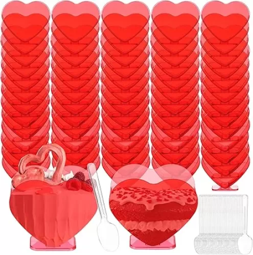 Mini Dessert Cups with Spoons 2.7 oz Plastic Appetizer Cup Clear Disposable Reusable Heart Shaped Bowl for Valentine Wedding Party Cakes Ice Cream Tasting(Red, 40 Set)