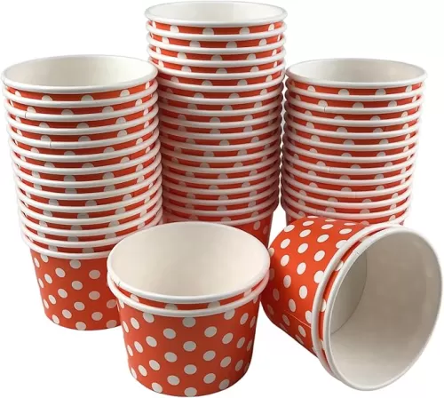 MMvolesy 6oz Orange Polka Dot Disposable Dessert Cups, 50Pc Set - Ice Cream Bowls & Coloured Paper Cups for Hot or Cold Food