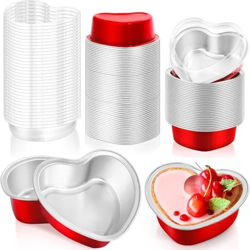 Modacraft 60 Pack Heart Shaped Cake Pans with Lids, 3.4oz Disposable Aluminum Foil Mini Cake Pans Cupcake Pans Flan Pan Dessert Baking Cup for Weddings Valentine Mother