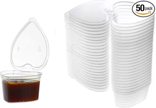 mollensiuer 50 Pcs Plastic Sauce Cups Heart-Shaped Souffle Cups Heart Shaped Storage Containers Plastic Box with Lids Sauce Cups Disposable Reuseable Seasoning Cup with Lids(Clear, 1.5 Ounce)