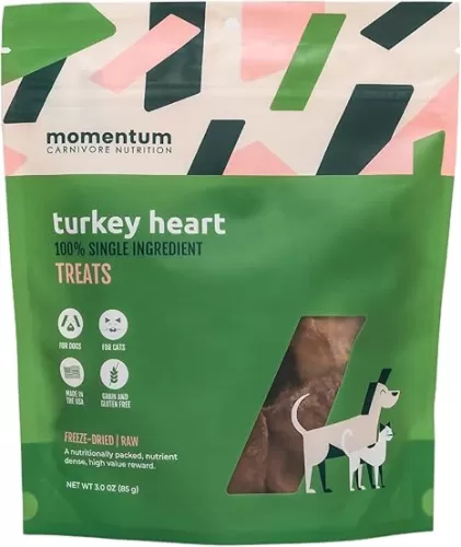 Momentum Carnivore Nutrition Freeze-Dried Turkey Heart Dog Treats – Single-Ingredient, Dog & Cat Treats – High-Protein, Grain-Free– 3 oz Bag