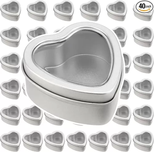 MOUYAT 40 PCS 2oz Heart Shaped Metal Tins with Clear Window Lids, Tinplate Empty Candy Tins Party Favors Storage Box Container for Gifts Treasures, Candle Making, DIY, Crafts, Silver