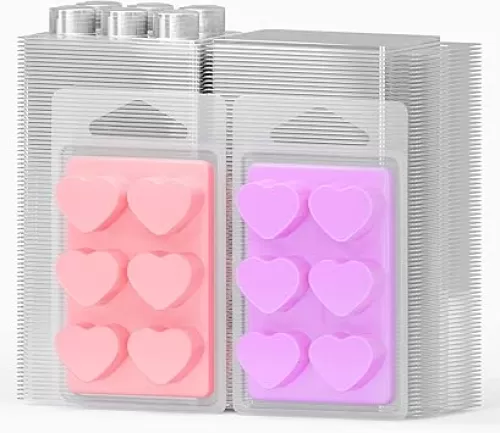 NATIKON 100 Pack Wax Melt Containers with 6 Cavity Clear Plastic Wax Melt Clamshell for DIY Wax Melt Candles, Shape (Heart)