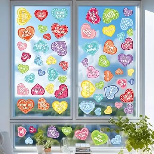Niviy 45Pcs Valentines Day Window Clings Colorful Love Heart Valentines Day Decorations, Double-Sided Reusable Static Window Stickers for Home Wedding Anniversary Party Store Glass Decor