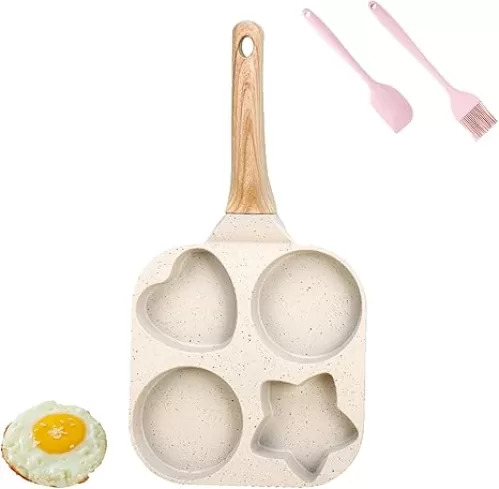 Non Stick Egg Frying Pans 4 Holes Shapes, Egg Frying Pan Nonstick Star and Heart, 4 Hole Skillet With Handle for Pancake Hamburger Sandwiches Eggs (White)