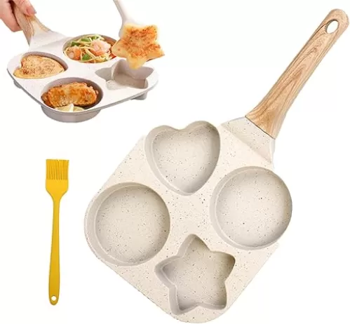 Nonstick Egg Frying Pan 4 Hole Shapes, Egg Frying Pan Nonstick Star and Heart, with Anti-Scald Handle, for Cooking Eggs, Burger or Bacon, for Gas Stove and Induction Cookware (White)