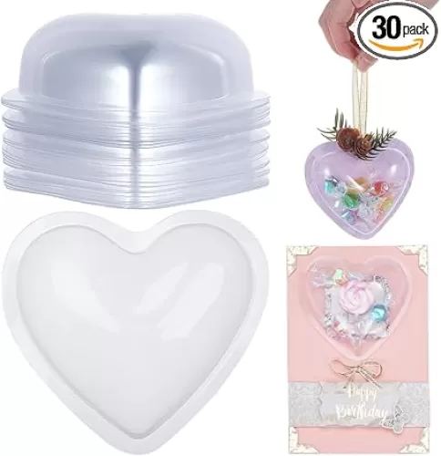 OLYCRAFT 30Pcs Plastic Heart Dome 2.9x3.2 Inch Inner Diameter Sweet Domes Clear Plastic Fillable DIY Craft Heart Shape Transparent Covers for Birthday Wedding Anniversary Decorations