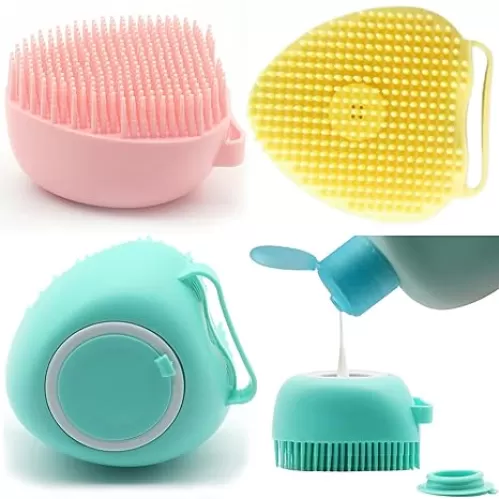 OTAVILEM Body Scrubber with Soap Dispenser for Shower, 3 Pack Silicone Exfoliating Brushes, Soft Body Exfoliator, Bath Loofah for Babies, Kids, Women, Men and Pets, 3 Colors (Heart Shaped)