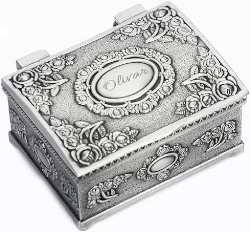 OXYEFEI Vintage Jewelry Box, Personalized Small Ring Box w/Name, Heart Shaped Jewelry Box, Customized Antique Jewelry Box Gifts for Women (Silver - Rectangular 1)