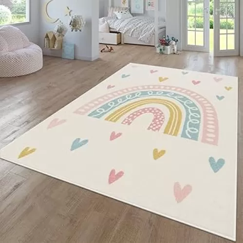 Paco Home Kids Room Rug with Rainbow and Hearts in Cream Multicolor, Size: 6'7" x 9'2"
